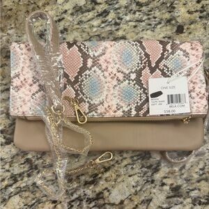 Kaari Blue Taupe & Pink Snake-Print Foldover Clutch